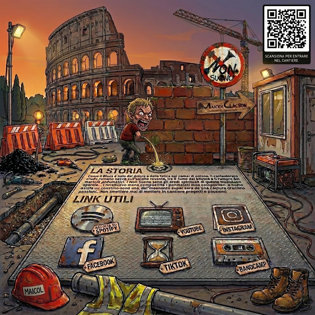 Maicol Clacson nel suo cantiere - illustrazione cartoon con Colosseo, link social e cartello LA STORIA